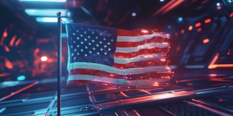 Poster - A vibrant and futuristic depiction of the American flag waving in a dynamic digital environment. This image blends patriotism with modern design elements. Ideal for tech and art themes. AI