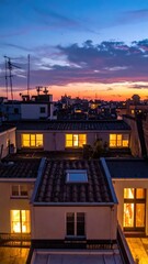 Poster - Warm Rooftop View with Glow of Interior Lights at Sunset