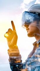 Poster - Blended image of engineer wearing virtual reality headset, manipulating digital control interface for oil refinery operations, representing technological advancement