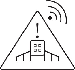 Poster - This depicts triangular warning sign with exclamation mark, building, and wireless signal icon, indicating potential alert or caution related to connectivity or communication issues building