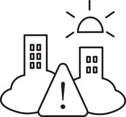 Poster - Line art illustration depicts two buildings with warning sign in foreground, set against backdrop of clouds and sun. image conveys sense of caution or alert in urban environment