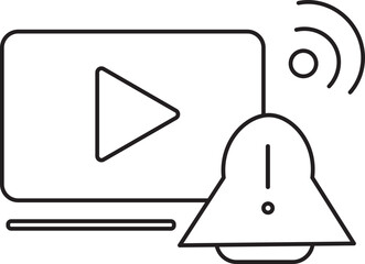Leinwandbilder - Simple black and white illustration features video play button on screen with notification bell and wireless signal icon, symbolizing media alerts or streaming notifications