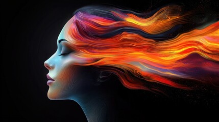Poster - Vibrant Abstract Portrait of a Woman with Colorful Flowing Hair