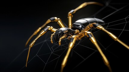 A spider with gold legs and a black body is on a web