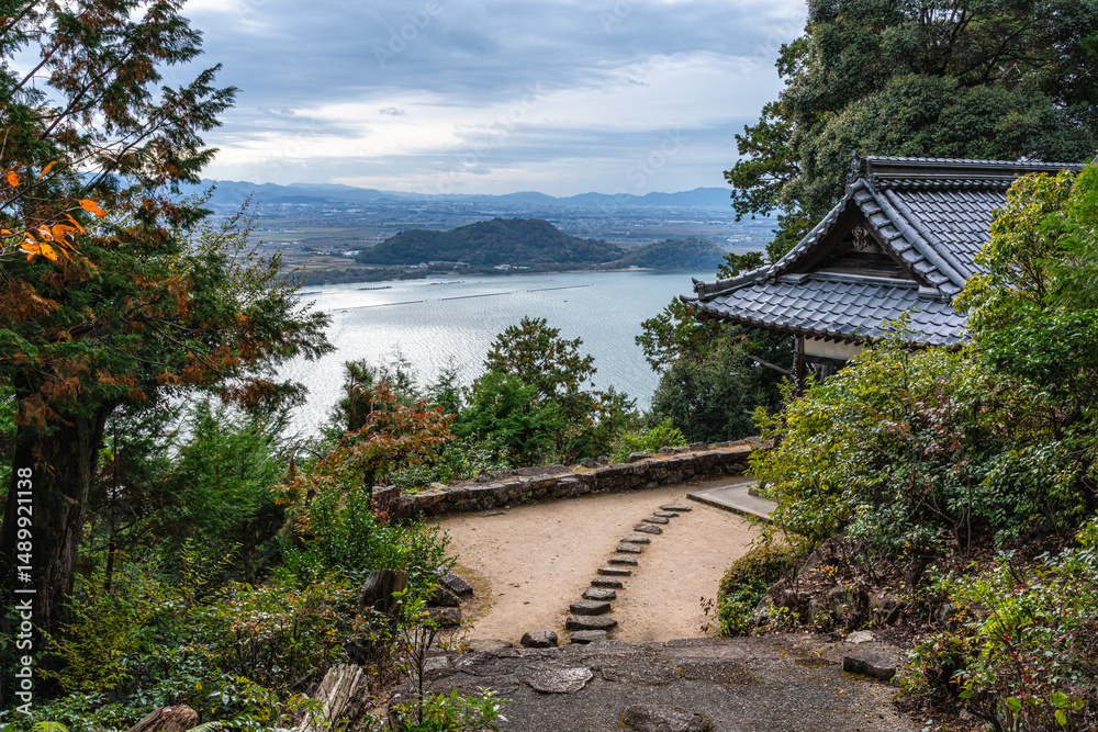 Panoramic view on Lake Biwa from the beaujtiful Chomeiji Temple, near the town of Omihachiman. Shiga Prefecture, Japan.
