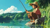 Boy fishing in a peaceful lake landscape
