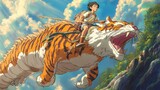 Boy riding giant tiger flying