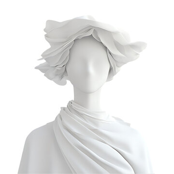 Stylized, abstract depiction of a female figure, rendered in a smooth white tone, with draped fabric and a textured hairstyle, set against a bold, geometric backdrop.