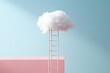 © Photoland - Surreal dream concept with fluffy cloud and ladder against soft pastel sky.