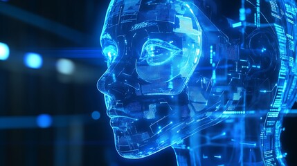 Fototapete - A blue holographic human head with circuit patterns on a dark background with light flares