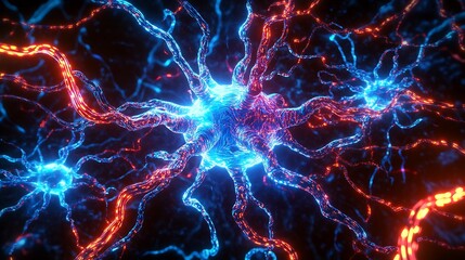 Poster - Illuminated neuron cells with blue and red glowing light on a dark black background art rendering