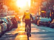 © Nontawat - Food delivery rider navigating city streets at sunset urban environment dynamic lifestyle imagery