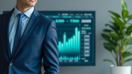 Poster - Businessman in Suit Analyzing Business Data Display with Growth Graph on Wall