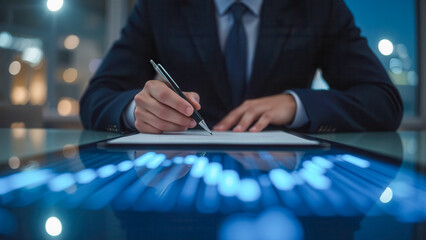 Poster - Professional man writing on paper with a pen in an office at night with technology