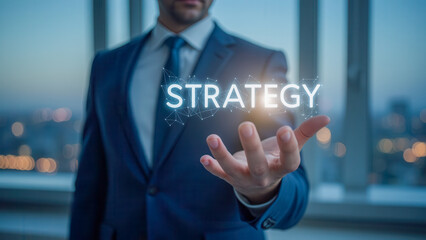Poster - Businessman Holding Concept of Strategy with Digital Visuals in Modern Office Setting