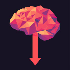 Poster - Low poly abstract human brain with descending arrow symbolizing cognitive decline, memory loss, and mental health decrease on dark background vector illustration