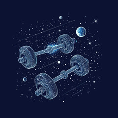 Poster - Wireframe dumbbells floating in abstract starry space with planets and cosmic elements futuristic fitness technology vector graphic concept