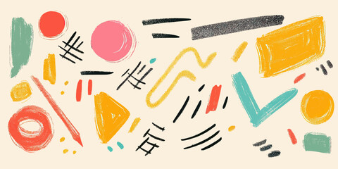 Poster - Colorful abstract doodle shapes and brush stroke pattern with geometric elements and hand drawn scribble texture on white background vector illustration