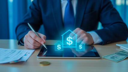 Poster - Businessman Using Tablet with Digital House and Dollar Symbols for Real Estate Investment
