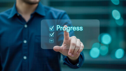 Poster - Man Touching Digital Screen Showing Progress Indicator with Checkmarks and Blurred Background