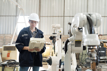 Fototapete - Robotic arm, Robotic manufacturing industry. Woman engineer control robotic arm to adjust working mechanism in workshop