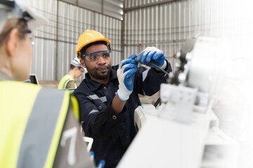 Fototapete - Robotic arm, Automatic robotic arm welding. Robotic manufacturing industry. Team of engineers setup, install, maintain, repair mechanism of operation of robotic arm in storage warehouse