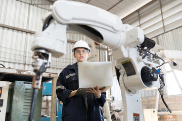 Fototapete - Robotic arm, Robotic manufacturing industry. Woman engineer working with laptop computer for setup, install, maintain, repair mechanism of operation of robotic arm in workshop
