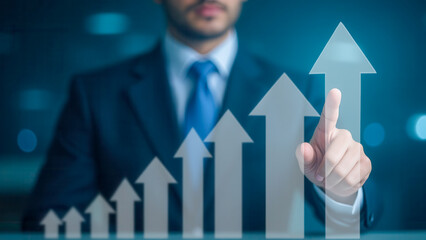 Poster - Businessman Pointing at Growth Chart with Arrows in Background for Financial Success