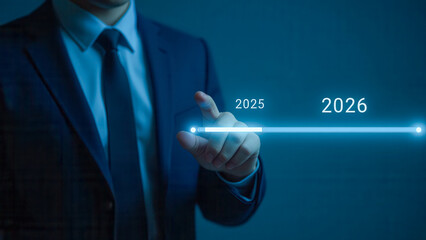 Poster - Businessman Touching Digital Timeline for Future Planning and Strategic Growth Overview