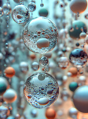Poster - Artistic abstract composition of transparent spherical bubbles with organic shapes and a blurred bokeh background in shades of blue and orange.
