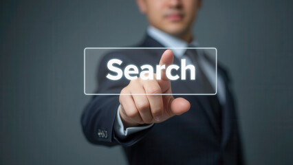 Poster - Businessman Touching Virtual Search Button with Focused Expression and Modern Background