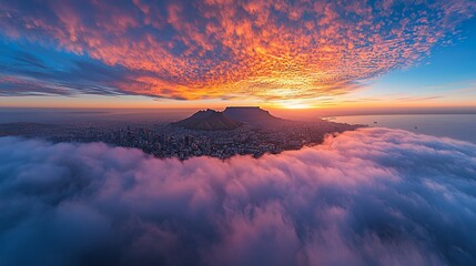 Wall Mural - aerial view of city nestled in clouds, vibrant sunset sky