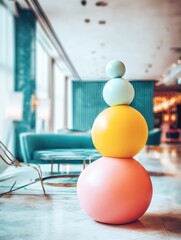 Poster - Colorful abstract sculpture composed of stacked spheres in a modern interior setting featuring a stylish lounge and soft lighting ambiance