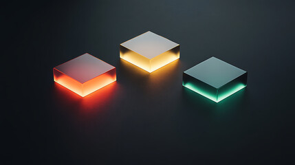 Aufkleber - Illuminated Geometric Cubes: red, gold, and green translucent cubes glow on a dark surface, showcasing colorful light and shadow interplay in a minimalist setting.