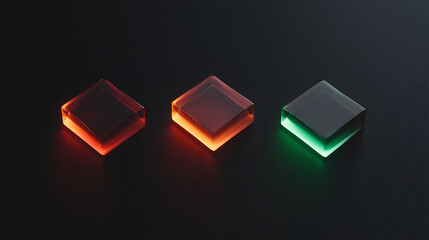 Aufkleber - Prismatic Geometry: Illuminated transparent cubes display a spectrum of vivid red, orange, and green hues on a dark surface, creating a sense of depth and allure.