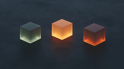 Aufkleber - Three Lighted Cubes: A gradient of illuminated geometric shapes, casting a warm glow on a dark surface. Modern, minimalist, and visually appealing.