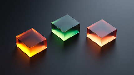 Aufkleber - Glowing Cubes: A triad of cubes in amber, emerald, and umber hues, radiating light on a dark surface. Abstract art for modern design.