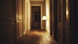 © Royal - Mysterious Hallway: A dimly lit corridor with antique doors, wooden floors, and a single lamp casting a warm glow, creating an atmosphere of quiet solitude and intrigue.