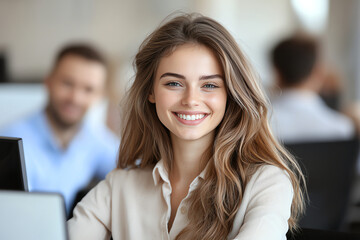 Poster - smiling young businesswoman is working modern office environment, showcasing positive and professional demeanor. Her long hair frames her face as she engages with her tasks, embodying confidence