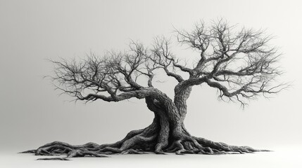 Poster - Depict a single ancient tree with sprawling, gnarled roots extending in all directions, isolated against a plain backdrop.