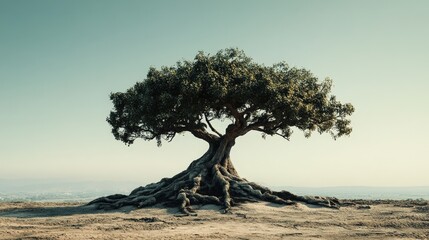 Poster - Depict a single ancient tree with sprawling, gnarled roots extending in all directions, isolated against a plain backdrop.