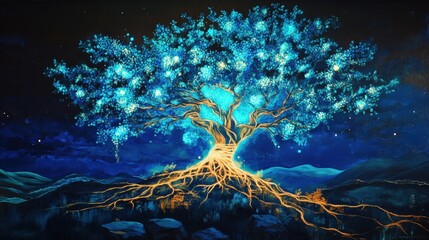 Poster - Depict a Tree of Life with massive glowing roots that stretch across the land, nourishing everything in its path