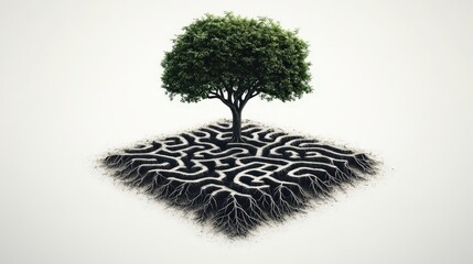 Poster - Depict a tree with roots forming an intricate maze-like pattern, fully isolated for a creative design