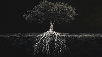 Poster - Depict a tree with transparent roots revealing an underground network, isolated against a black void