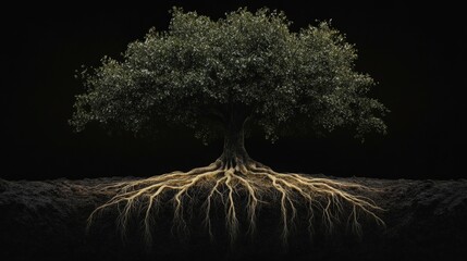Poster - Depict a tree with transparent roots revealing an underground network, isolated against a black void