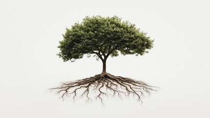 Poster - Depict a young tree with delicate, branching roots spreading symmetrically, standing alone against a white background