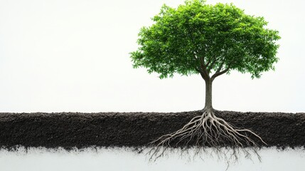 Poster - Depict a young tree with delicate, branching roots spreading symmetrically, standing alone against a white background