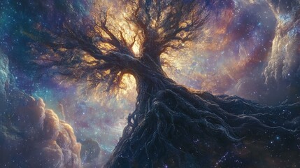 Poster - Depict an enormous tree with cosmic roots stretching into space, isolated in a galactic environment