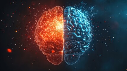 Poster - Design a brain icon with half being a traditional representation and the other half filled with abstract, digital elements, showing the evolution of intelligence.