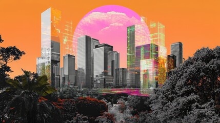 Poster - Design a modern collage artwork blending urban architecture, nature, and futuristic neon accents.